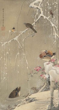 日本 Painting - 雪の中の柳の木とオシドリ 伊藤若冲